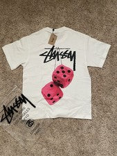 Camiseta gráfica Stussy blanca y rosa Fuzzy Dice talla grande NUEVA CON ETIQUETAS