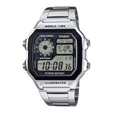 Casio AE-1200 World Time "Royale" Illuminator Acciaio Pelle Resina 100M Nuovo