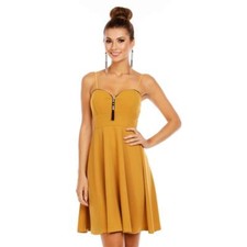 Elegante Línea-a Mini Vestido con Tirantes Con Zier-Zipper Mostaza 34/36/38 #