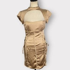 Minivestido para mujer ASOS DESIGN 4 dorado satinado cuello alto cosido con cordones nuevo con etiquetas