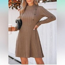 Mini Vestido CUPSHE Para Mujer Cuello Redondo Manga Larga Texturizado Diseño Botón Tejido