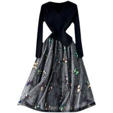 Damen Gestrickt Spitze Patchwork Kleid V Hals Pailletten Schmetterling Bestickt
