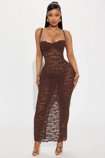 Maxi Vestido Mujer ModaNOVA Lirio Encaje Marrón Chocolate Sin Mangas Sin Forro Talla S