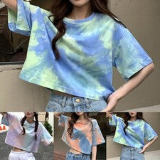 Camiseta Mujer Sin Vientre Suelta Verano Manga Corta Batik Ocio Día a la Moda