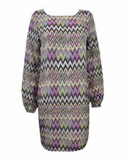 Damas Mujeres Puño Elástico Mangas Largas Púrpura Zig Zag Columpio Vestido Estampado
