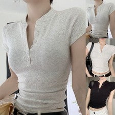 Camiseta lisa manga corta para mujer con botón medio cuello abierto estilo coreano