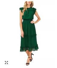 Vestido midi CeCe para mujer manga acampanada con volantes punto suizo en verde alpino talla M