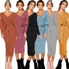 Sexy Vestido Para Mujer Bodycon Envolvente Cuello en V Ala de Murciélago Manga Larga Fiesta Vestidos Divididos