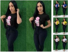 Camiseta de verano para mujer con apliques de lentejuelas de perlas manga corta de moda