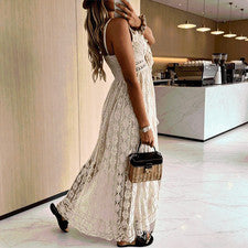 Vestido de playa boho de verano blanco sin mangas con ribete de encaje para mujer