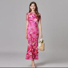 Vestido de noche de sirena paquete de cadera bordado con flores 3D de malla de moda para mujer
