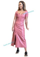 Vestido midi de cuero de cordero para mujer rosa mangas cortas fiesta ropa de club nocturno conjunto ajustado