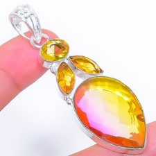 Turmalina bicolor, piedras preciosas de citrino 925 colgante de joyería de pl...