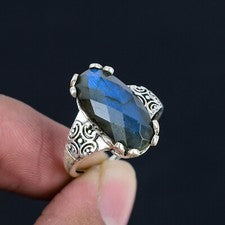 Anillo de plata de ley 925 con piedras preciosas de corte a cuadros de labradorita natural para mujer