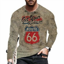 ⭐Camiseta Hombre US Route 66 Marrón Gráfico Moda Manga Larga Casual De Calle Top