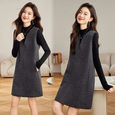 Vestido Mujer Midi Elegante Conjunto 2 Piezas Jersey Y Chaleco Gris Moda CF60620