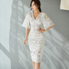 Mujeres 2024 Moda Vestido Lápiz Deep V Guipur Encaje Cadera Paquete Hasta la Rodilla
