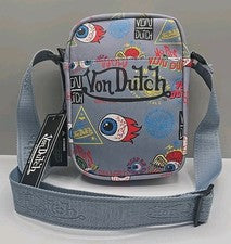 Bolso Bandolera Von Dutch Jax Gris/Azul Sobre Logo Tatuajes de Globo Ocular