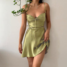 Mujer Moda Tendencia Satén Simple Verde Ajustado Corto Vestido Correas Vestido Eslinga
