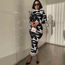 Moda Para mujeres Cuello Alto Mangas Largas Estampado Tie Dye Bodycon Midi Vestido Club