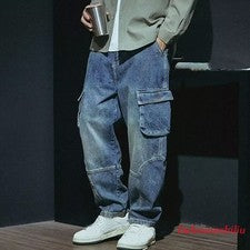 Moda Para Hombres Pantalones de Carga Denim Sueltos Jeans Mono Bolsillos Trabajo Informal Pantalones