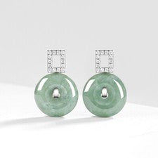 Pendientes de plata esterlina pura S925 natural de jade verde círculo de la suerte paz