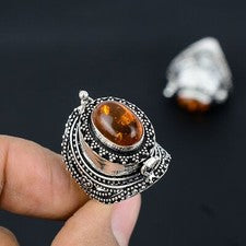 Anillo venenoso de plata de ley 925 hecho a mano con piedras preciosas ámbar blático regalo talla 9 N084