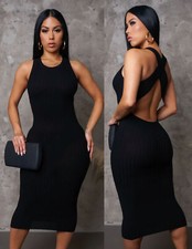 Sexy Vestido Midi Acanalado Cruzado Espalda para Mujer Ropa de Club