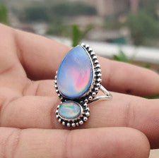 Hermoso anillo de ópalo aurora piedra preciosa sólida de plata esterlina 925 hecho a mano MK*