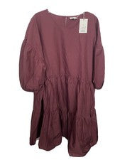Vestido informal elegante A New Day para mujer pequeño de algodón borgoña con mangas abullonadas en capas