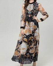 Mujer 2024 Moda Retro Floral Gracia Cintura Alta Manga Larga Lujo Vestido Largo