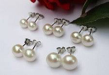 Pendientes de perlas de agua dulce de cría real blanca de 6 mm-10 mm pendientes de plata 925