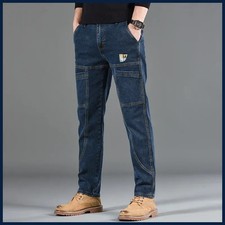 Pantalones de mezclilla con estampado de seis bolsillos pequeños de corte recto estilo para hombre informales cómodos