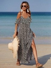 Maxivestido de mujer de moda con escote de hombro y estampado floral
