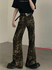 Pantalones de mezclilla para hombre retro americanos con estampado de leopardo cintura alta pierna recta acampanados