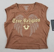 True Religion Camiseta Mujer M Alas Medianas Algarroba Marrón Algodón HS 600625 $59