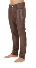 Pantalones de mezclilla de motociclista para hombre de cuero marrón real o de vaca elegantes y sexy estilo 501 nuevos