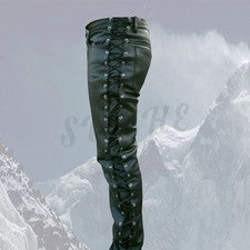 Pantalones de mezclilla con cordones laterales completos para hombre de cuero negro genuino cinco bolsillos