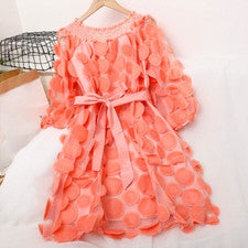 Vestido 3D de encaje de red para mujer manga abullonada sin hombros midi manga corta tijera moda