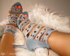 Tacones botín de mezclilla con tiras tachonadas ojal punta abierta, EE. UU. 6-11