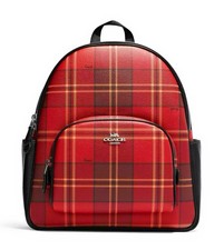 NUEVO CON ETIQUETAS COACH Mochila de Corte para Mujer en Lona Cuero Tartán Estampado a Cuadros Rojo/Negro