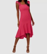Vestido para mujer Adrianna Papell rosa satinado crepé con volantes cuello cuadrado talla 14