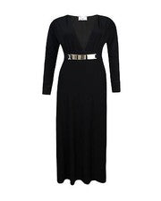 VESTIDO MAXI DE NOCHE CEÑIDO AL CUERPO CON CUELLO EN V MANGA LARGA PARA DAMA Y MUJER TALLA 8-14