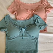 Camiseta recortada de moda coreana para mujer detalle de lazo encaje ribete verano Top