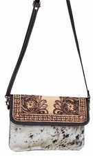 Bolso de hombro de cuero de vaca occidental floral de cuero tostado para mujer 18RTH03