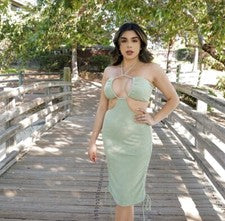 Sexy Mini Vestido Para Mujer Moda Boutique Verde Pastel Halter Acanalado Club/Fiesta