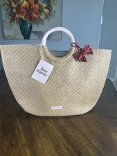 Bolso de Mano Juicy Couture Tejido Paja Mimbre Mujer Beige con Cinta NUEVO