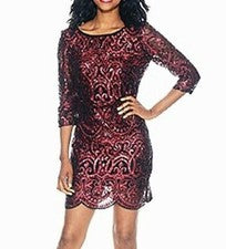 Muñeca de Cristal Para Mujer Junior Lentejuelas Cuello Barco Vestido de Fiesta Negro Borgoña M