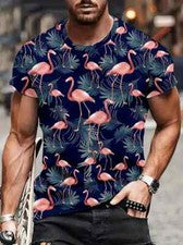 Camiseta Hombres Rosa Flamenco Verde Estampado gráfico Moda Verano Suave sedoso