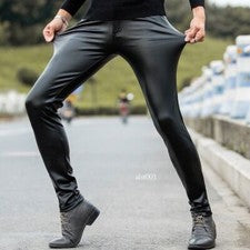 Pantalones de cuero sintético para hombre Leggings negros elásticos aspecto húmedo Pantalón calce ajustado Moda